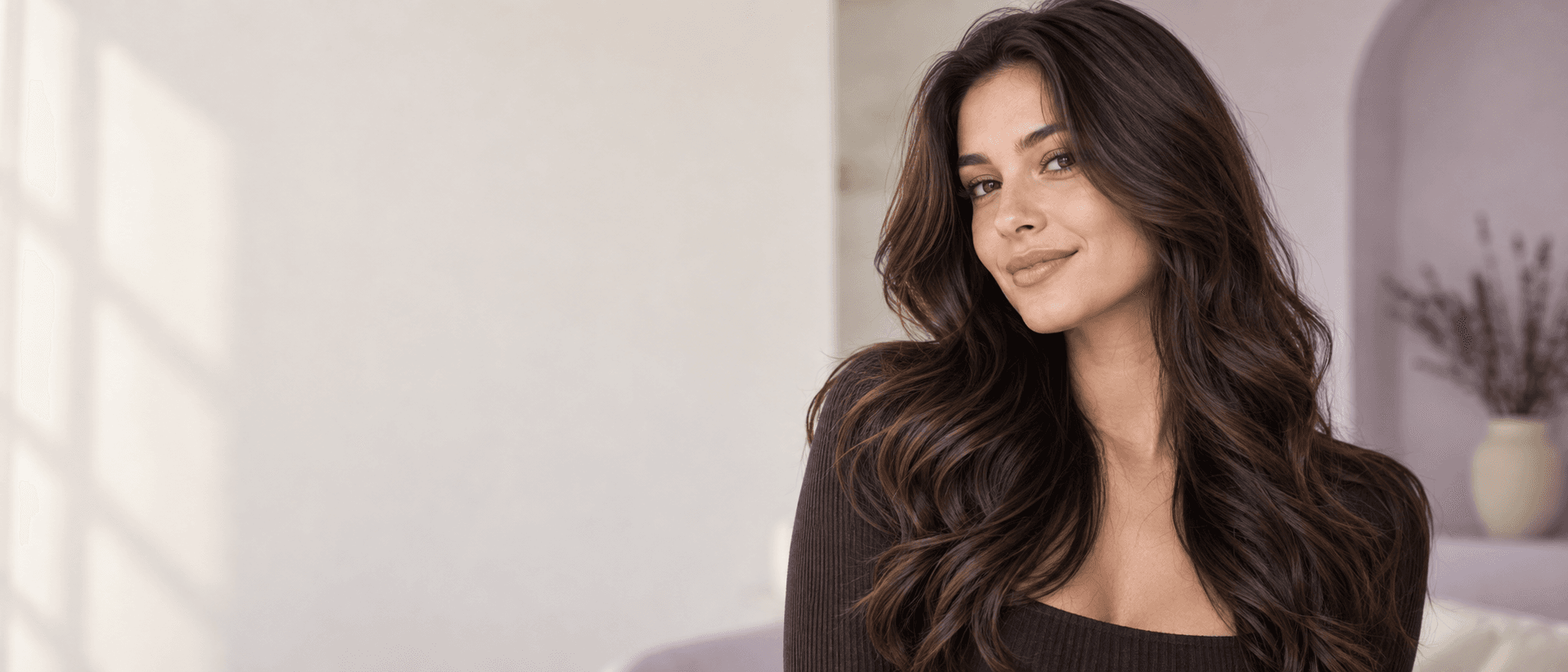 A confident woman with long, glossy brunette waves