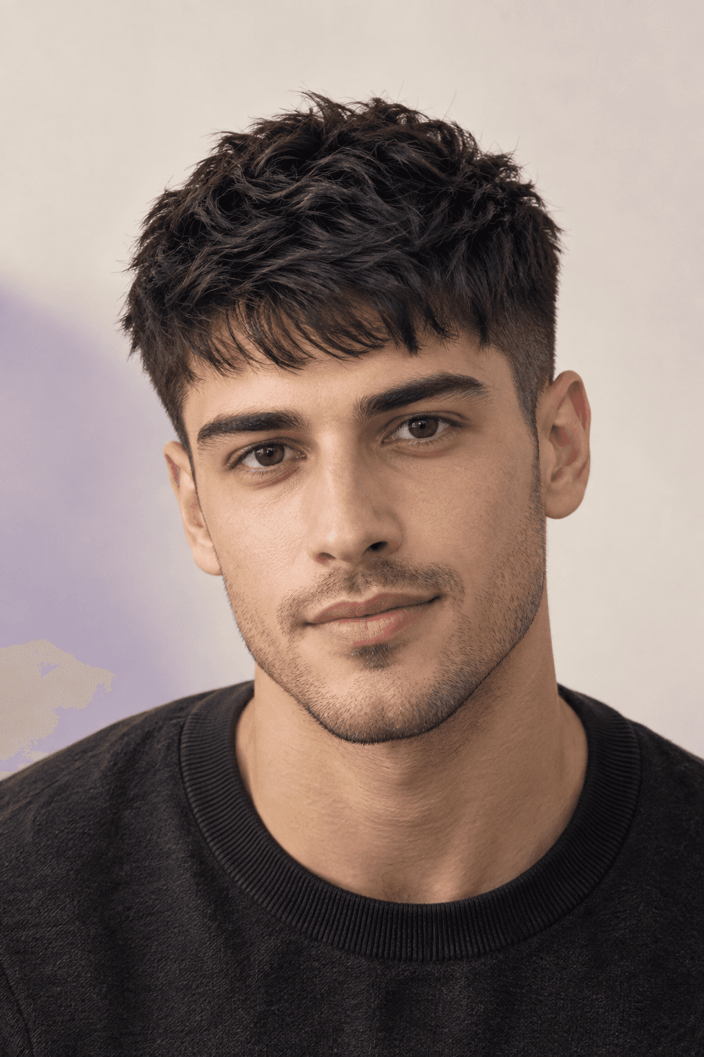 Portrait with a modern dark textured crop haircut